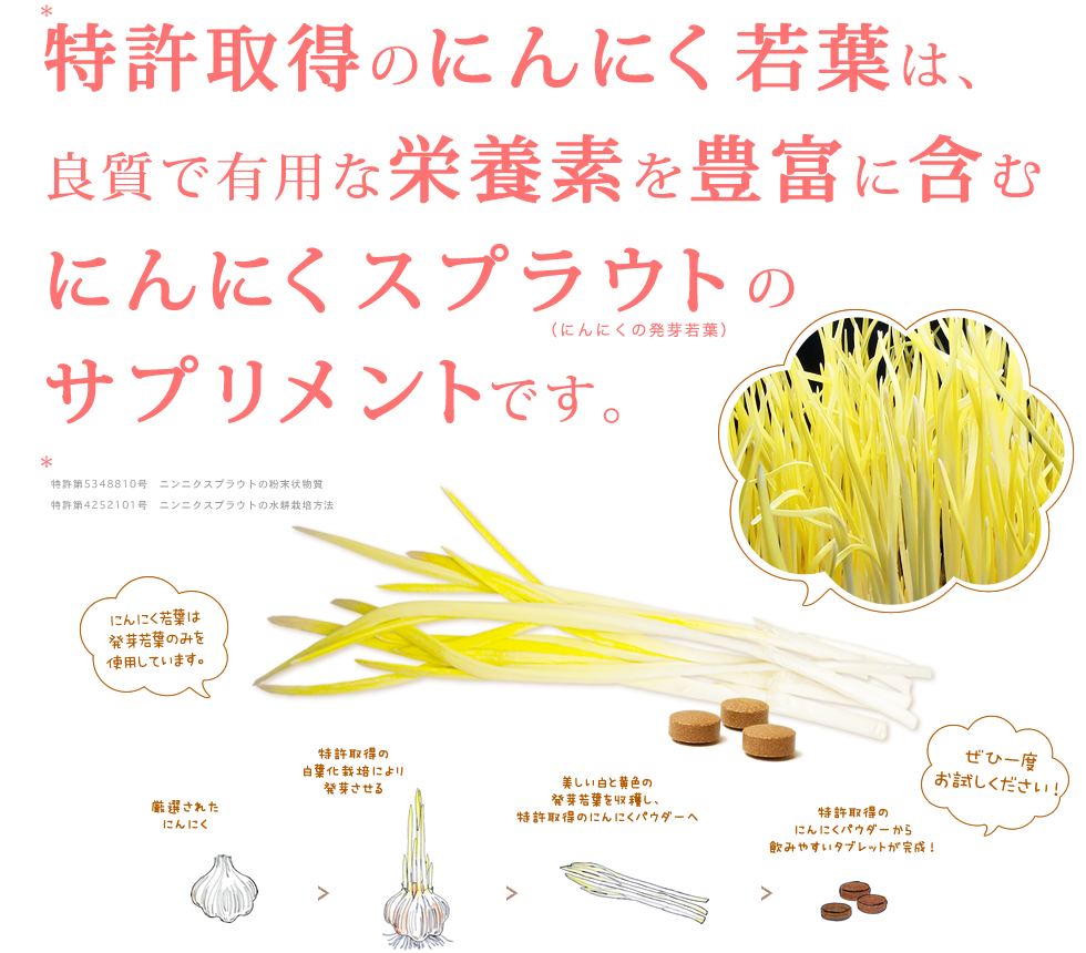 特許取得のにんにく若葉は、良質で有用な栄養素を豊富に含むにんにくスプラウトのサプリメントです。